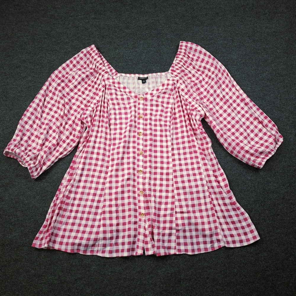 NEW Torrid Plus Sz 3 Pink Gingham Square Neck Button Up Rayon Stretch Blouse Top